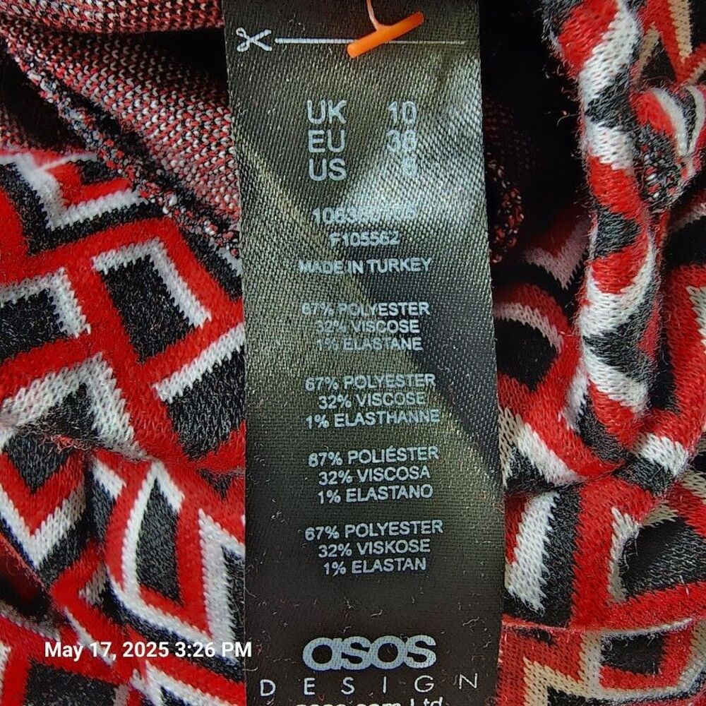 Asos Design Women's Pants Sz 6 Red Black Geometric Pattern Flare Bottom Stretch - Picture 5 of 13